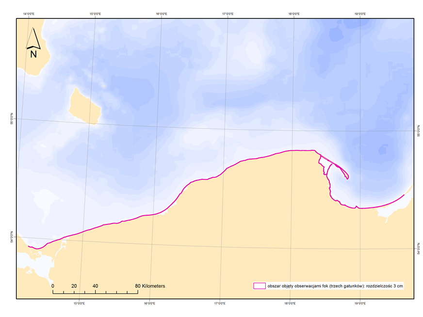 Mapa obszaru objętego monitoringiem foki obrączkowanej. Obszar objęty obserwacjami Foki obrączkowanej zaznaczono czerwona linią