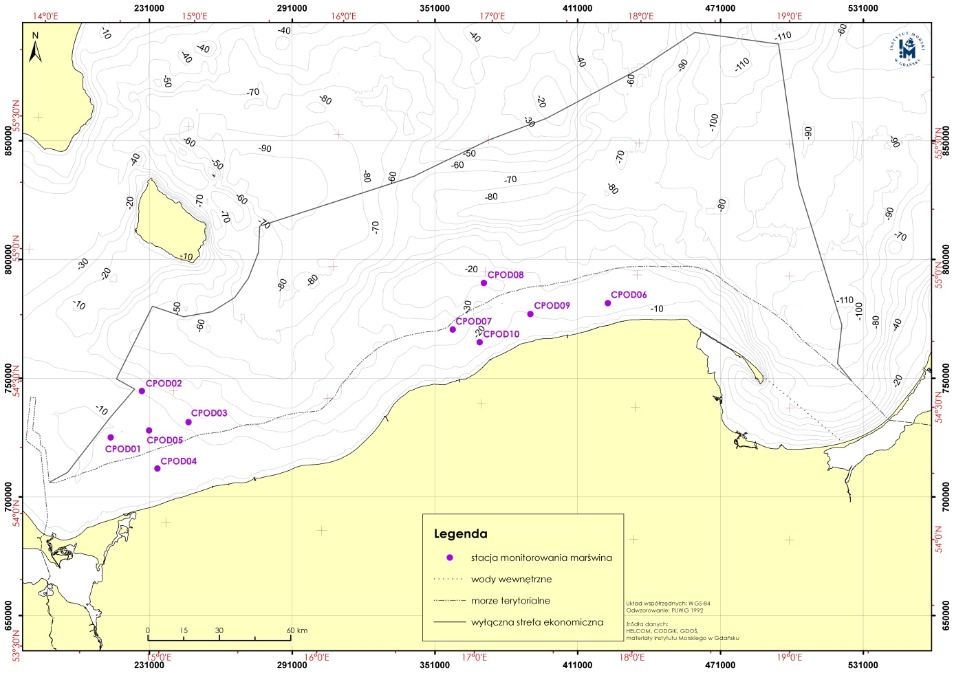Mapa lokalizacji stacji CPOD do monitoringu morświna